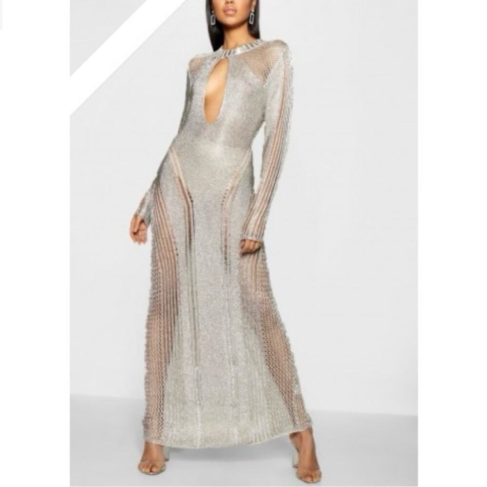 Boohoo Annie Metallic Knit Split Front Maxi Dress